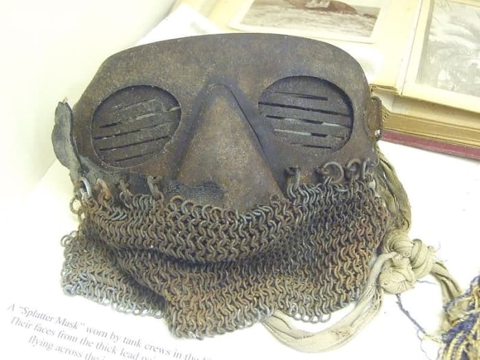 Splatter mask used by tank crews in World War I to protect from armor fragments bloen loose by shrapnel and armor-piercing bullets.