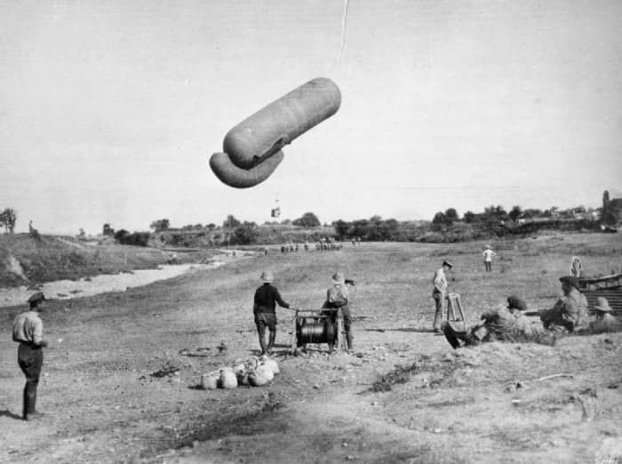 WW1: A British kite balloon starting to ascend for observation duty in the Struma Valley on the Balkan Front circa 1917.