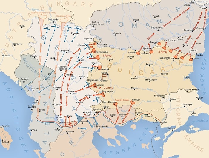 World War I: The Balkan Front (AKA Macedonian Front or Salonika Front). The brown and blue lines through Albania, Greece and Bulgaria show the stabilized front. Germans, Austro-Hungarians, Bulgarians to the north; Serbs, British, French to the south.