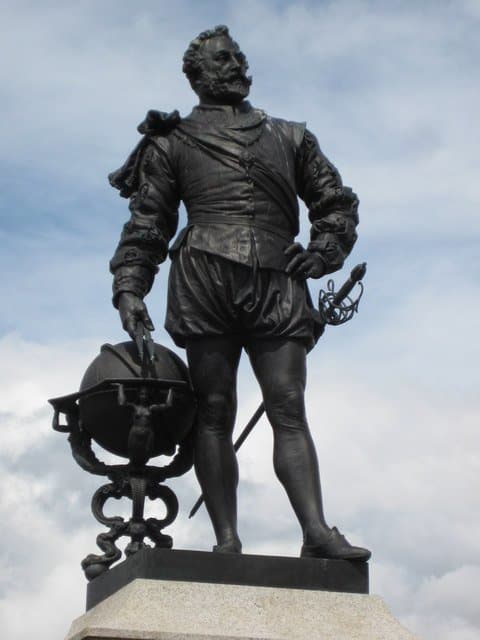 Statue of Sir Francis Drake, near Plymouth, England. Drake, a hero in England, was considered a pirate by the Spanish.