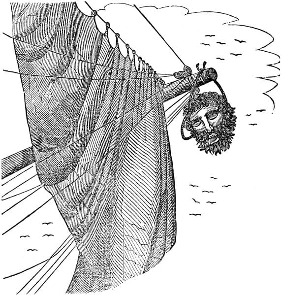 Blackbeard's head hangs from the bowsprit. Illustration from "The Pirates Own Book" by Charles Ellms.