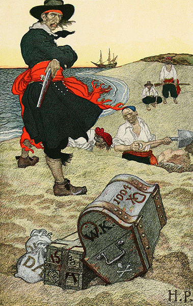 Captain Kidd oversees the burying of his treasure. This is the only known instance of a pirate burying his treasure.