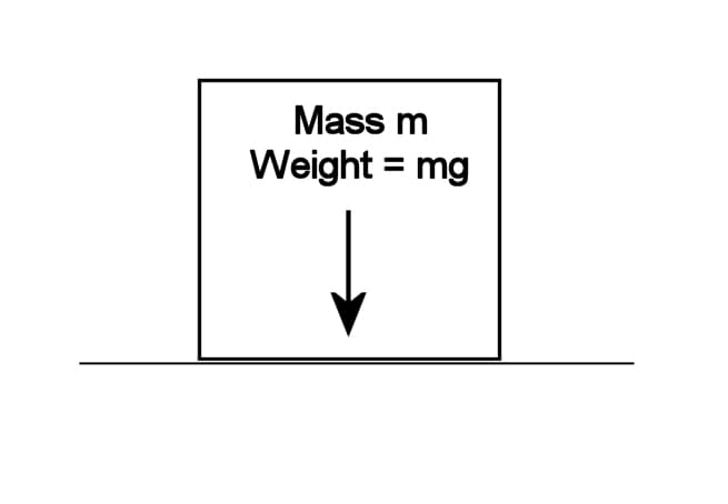 Weight is the force on a mass due to gravity. The weight of a body of mass m equals mg, where g is the acceleration due to gravity