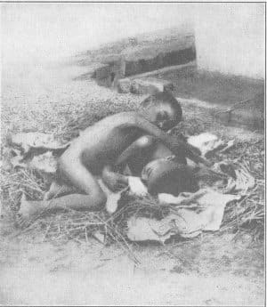 A picture of Kamala and Amala in a wolf den taken by the Reverend Joseph Singh. For a long time, it was thought that the girls had genuinely been raised by wolves, but it was later revealed to be an elaborate hoax initiated by Singh himself.
