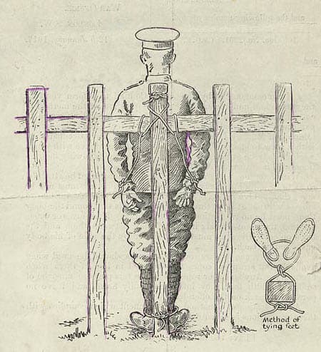 Field Punishment No. 1 replaced flogging in the British Army. It was used for those who disobeyed orders on active service. Some conscientious objectors sent to France were charged and given FP No. 1