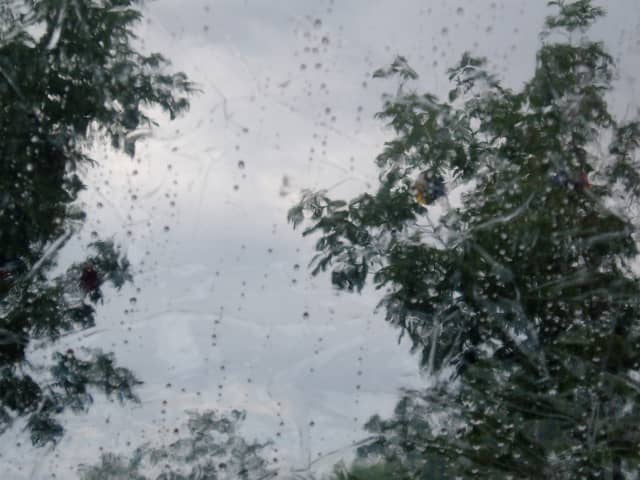 Rain is water in its liquid form, having cooled down from vapor (gas).