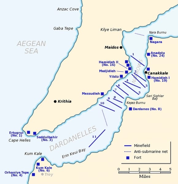 WWI: Map of the Dardanelles defences in February and March, 1915. Minefield #11 was laid by Nusret on March 8, 1915.