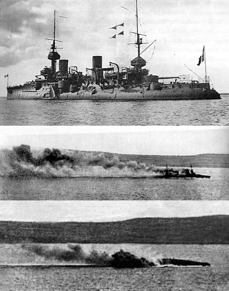 WW1: French battleship Bouvet (top); Just after striking mine in Dardanelles (middle); Capsized 2 minutes later (bottom)