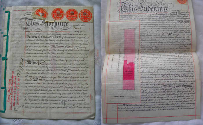 Antique manuscript indentures showing the ownership of land (before compulsory registration at the land registry). The indenture on the right shows a plan of the property.
