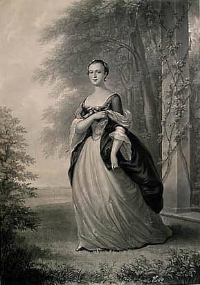 Mezzotint of Martha Washington by John Folwell, drawn by W. Oliver Stone after the original by John Wollaston, painted in 1757