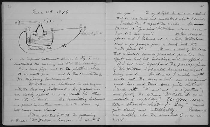 Alexander Graham Bell's lab book open at the page in which he made notes about the first successful use of the telephone.