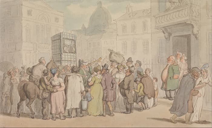 In this illustration by Thomas Rowlandson (1827) a crowd gathers to watch a 'Punch and Judy Show.' If you look carefully, you might find a child pickpocket busy at work while the crowd are distracted. Can you see him?