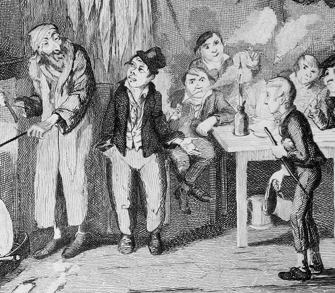 From an illustration by Cruikshank, Charles Dickens' most renowned illustrator. The fate of Oliver Twist was a common one in which guttersnipes and orphans fell into bad company.