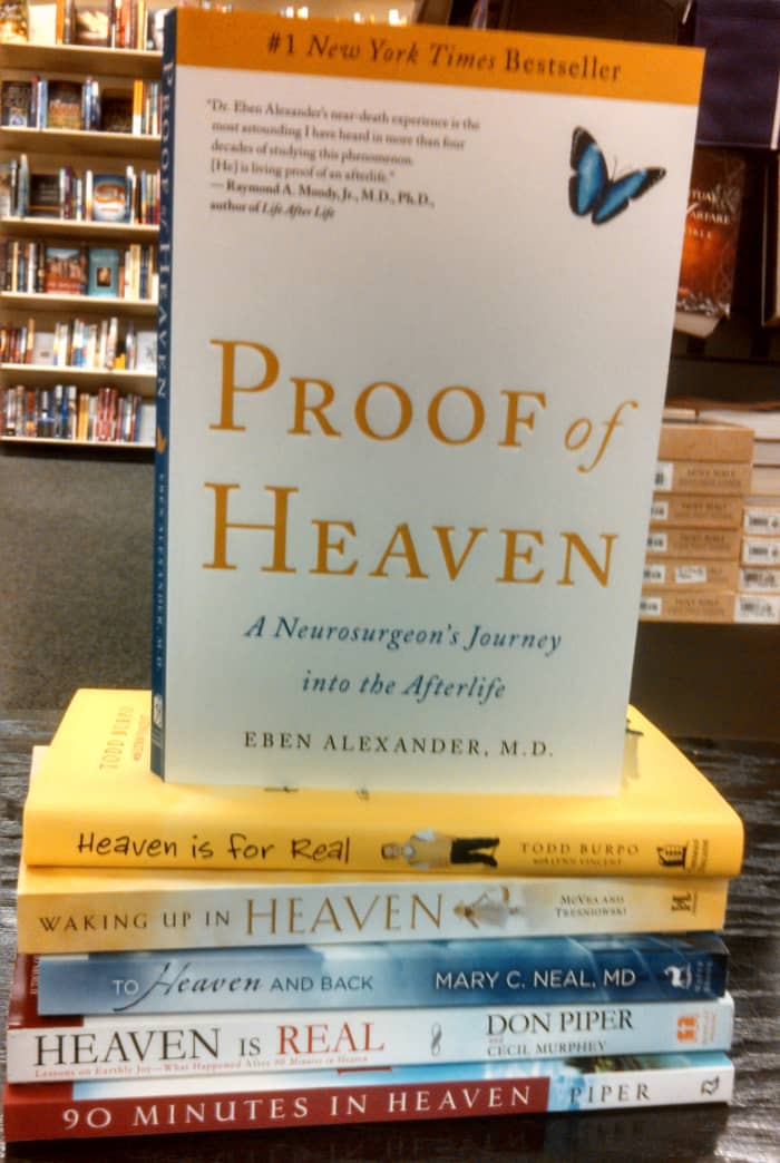 A sample of books on NDEs seen at a bookstore. Many claim that NDEs provide proof of a supernatural heaven. They don't but do provide evidence of a natural one.