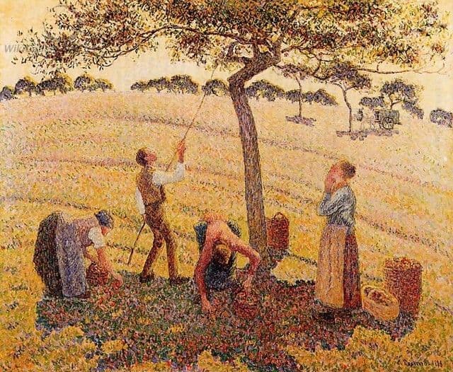 "Apple Harvest" by Camille Pissarro, 1888. Oil on Canvas. Can you spot the influence of Pissarro's anarchist beliefs in this painting?