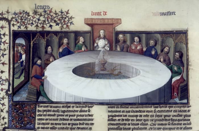 "King Arthur and the Round Table Experience a Vision of the Holy Grail" from a 15th century manuscript