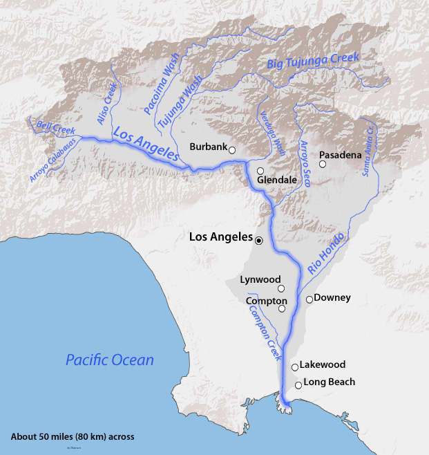 Several streams running south through the San Gabriel Mountains join together one by one to form the river.