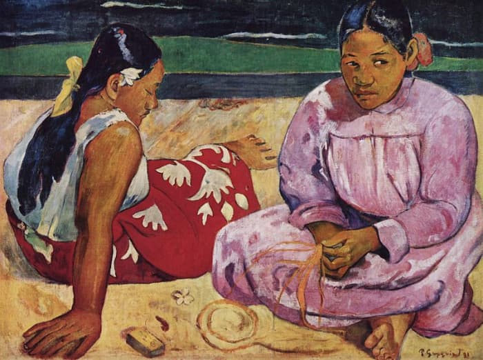 Examples of Gauguin's Tahitian paintings. "Tahitian Women on the Beach," 1891 by Paul Gauguin