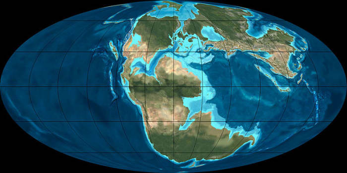 A reconstruction of the middle Jurassic Earth (170 million years ago.) Map by Ron Blakey, courtesy Wikipedia.