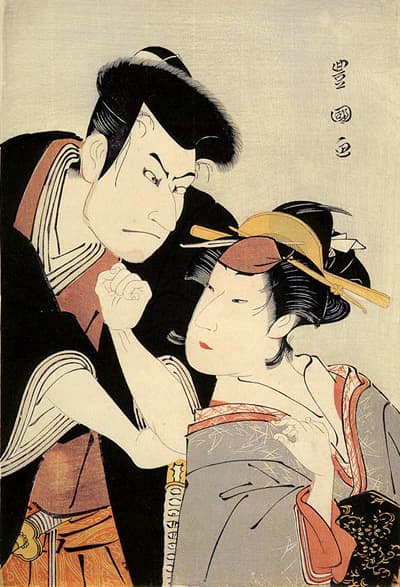 Two fashionable kabuki actors--both are men. Women were banned from the stage, so women's roles were played by onnagata (often translated as 'female impersonators', since in the Edo Period, many did live as women) who had a stranglehold on fashion.
