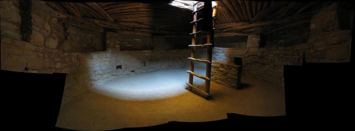 Interior panorama of a reconstructed kiva at Mesa Verde National Park. It is similar to a Hopi kiva.