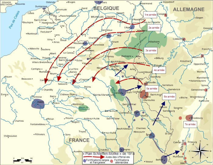 World War I: August 1914 German plan of attack in red; French plan of attack in blue.