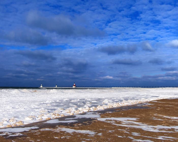 Frozen shoreline beginning to develop one week before the polar vortex event on Lake Michigan near St. Joe Lighthouse