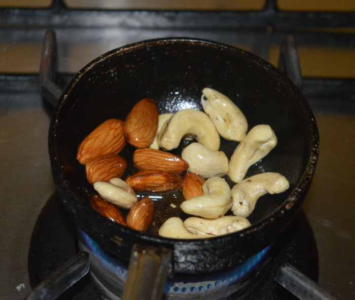Fry the cashew nuts and almonds in some ghee until they become crispy. Collect them on a plate.