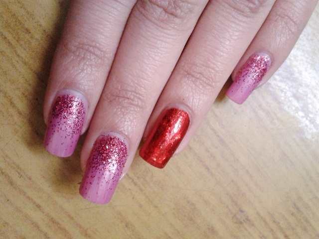 Pink Red glitter nail art with transfer foil