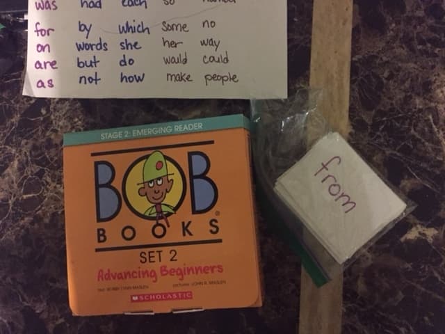 Some materials we are using for reading lessons. Bob Books are great confidence boosters--kids can start reading these short books without help early on.