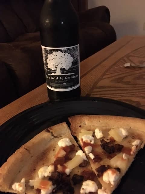 Black Pudding and Goat Cheese Pizza, along with Slaven Boys Brewing's Xmas ale. (First trial, now has more toppings in the recipe.)