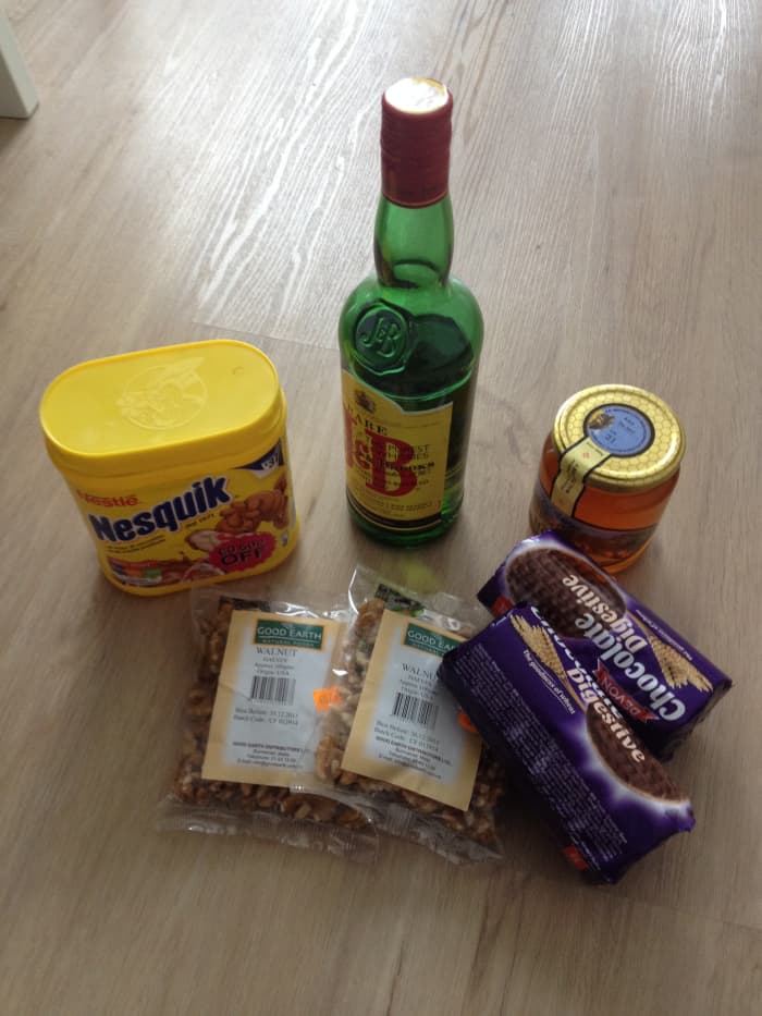 The ingredients by Kikalina. Left to right, chocolate powder drink, whiskey, honey, walnuts and digestive biscuits.
