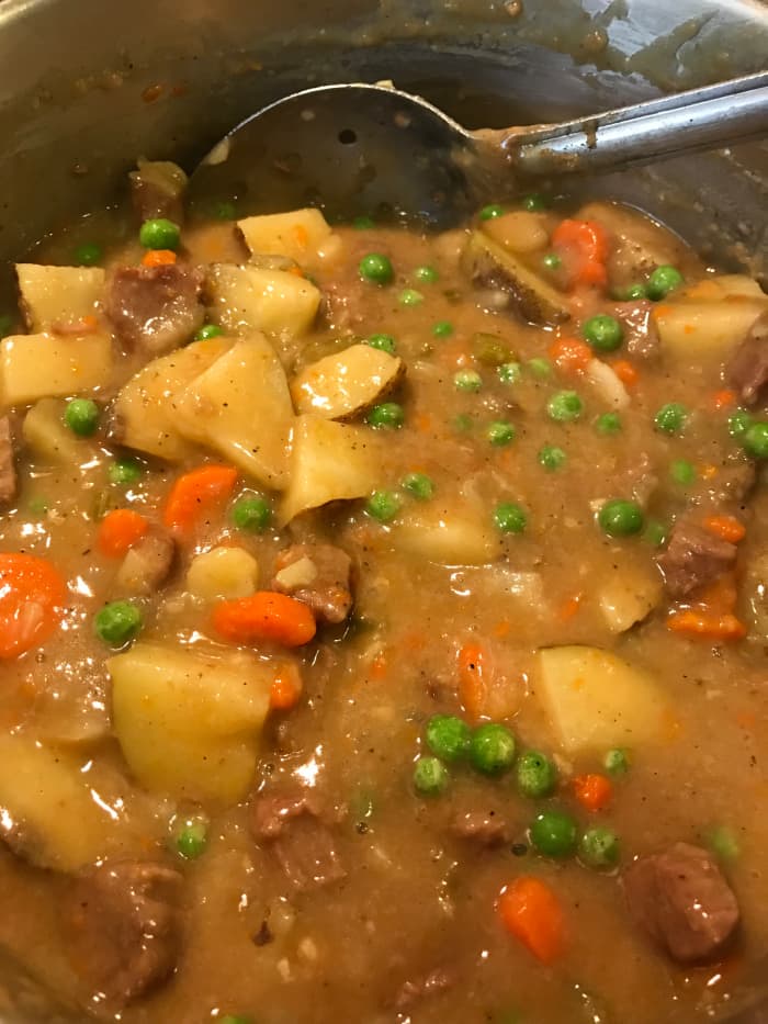 Once the peas are warmed through, the stew is ready to serve. You can also stir in a nice big handful of minced fresh parsley at this point, for another bright note.