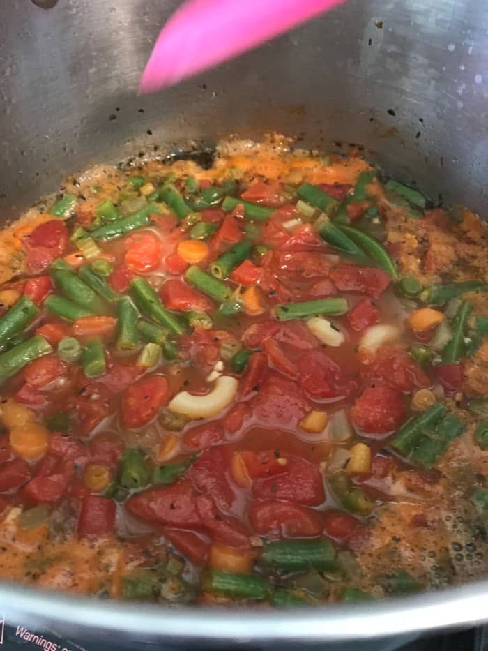 Simmer for just at ten minutes - this leaves the pasta perfectly cooked, and the green beans as well. The broth will be perfect - rich and flavorful and loaded with great fresh flavor.