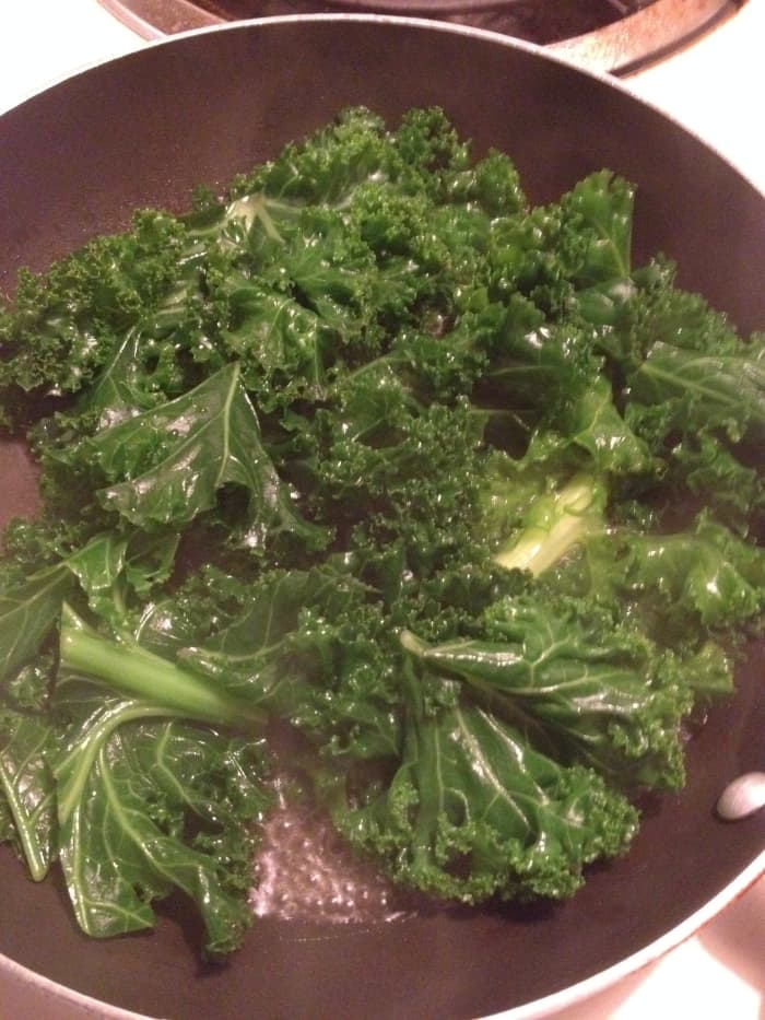 Fresh Steamed Kale. Crunchy, but cooked down. *Steaming doesn't require a lot of water. Add just enough water to the pan to prevent burning.