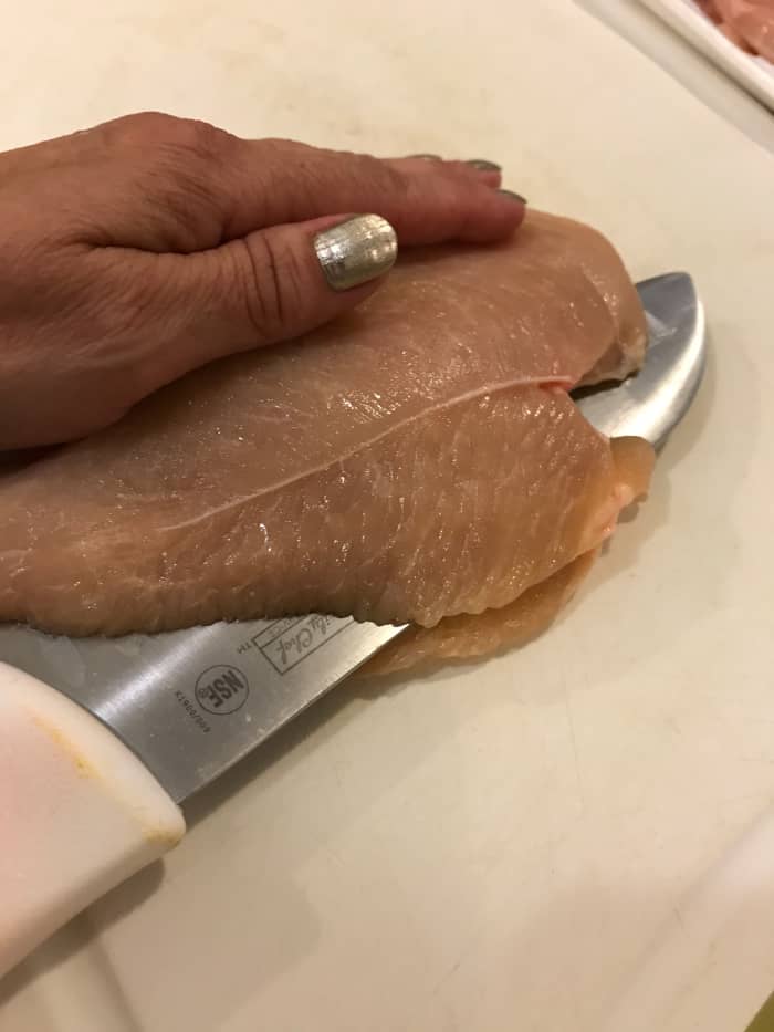 Cutting a chicken breast in half horizontally can drastically reduce cooking time. If your chicken breasts are large, consider this quick step to cut cooking time. It also helps to reduce portion sizes, and stretch proteins!