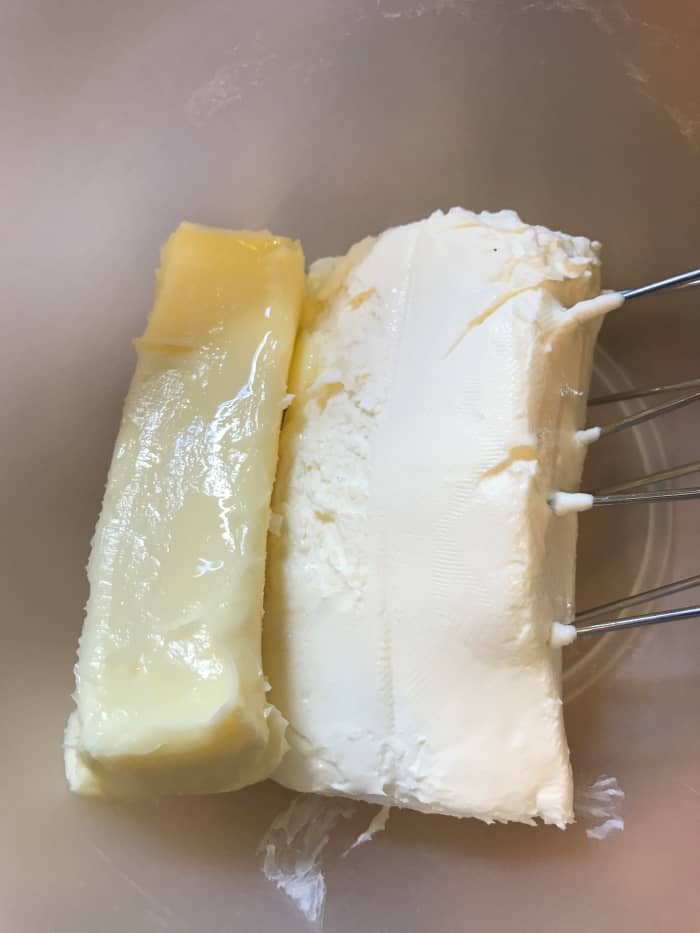 Start with a stick of butter (1/2 cup) and 1 package (8 ounces) of cream cheese, softened to room temperature.