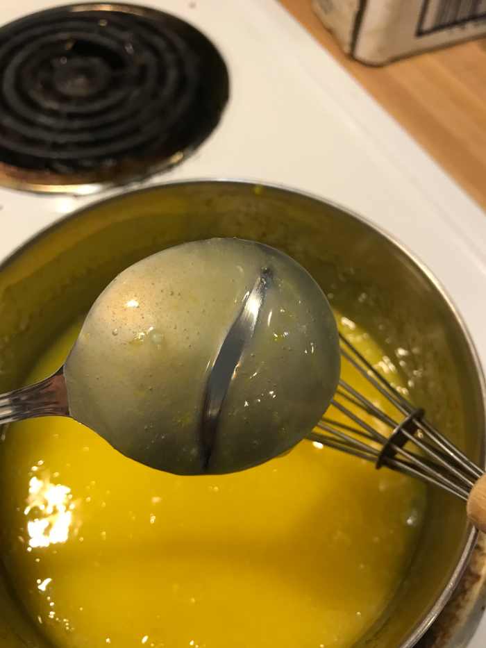 Another test is if you draw a line through the lemon curd on the back of the spoon and it holds. This shows it's been cooked to just the right consistency!