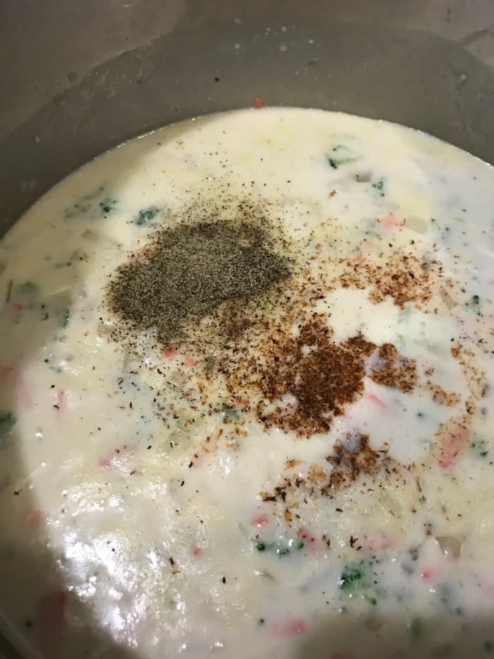 The seasonings for this soup are pretty simple - only fresh nutmeg, kosher salt and black pepper. I called for a teaspoon of salt but taste and adjust for more if needed at the end.