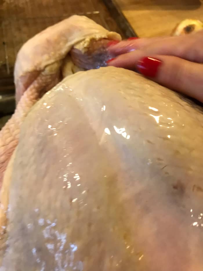 Other than brining, all your going to do to the turkey at first is simply brush it with some olive oil, and tie the wings and legs down if need be. Set your smoker to 225F.