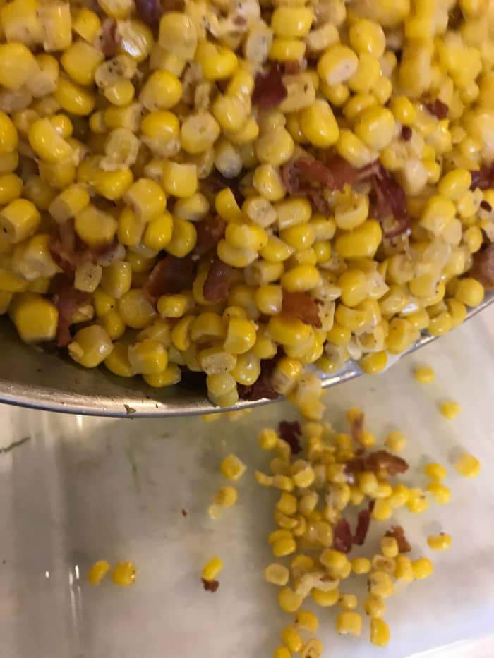 You can serve the fried corn as soon as it's hot through, but you can also make it ahead. I usually do before holidays. Just pop it in a casserole dish, cover and chill. To reheat, give it about 4 minutes in the microwave, or 30 minutes at 350°F.