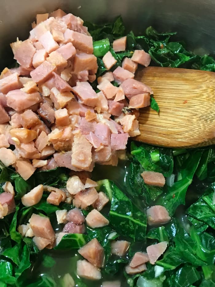 Ham hock is traditional, but sometimes hard to find, believe it or not. You can use any type of smoked meat, so jowls or rendered bacon is good, as is smoked turkey in a pinch. I often use plain old cubed leftover ham.