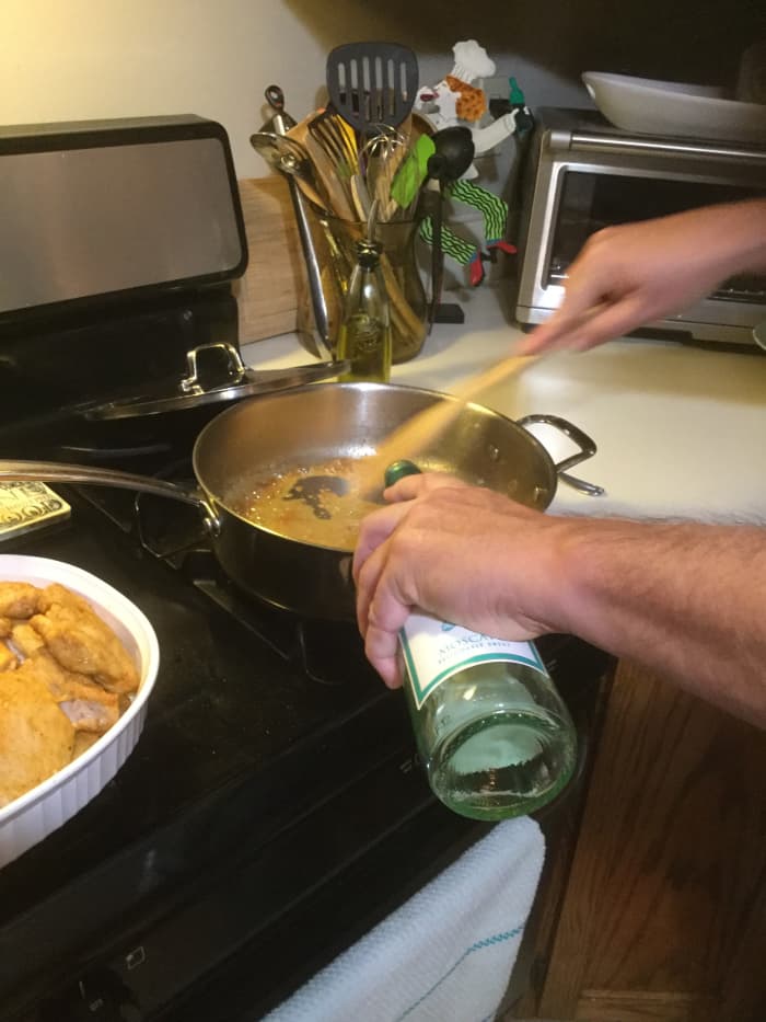Remove chicken and deglaze pot while scrapping up all the brown pieces