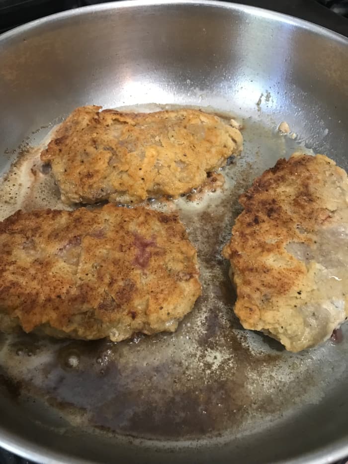 Cook the steaks on each side about five minutes - you're looking for the crust to become beautifully golden brown before turning. The crust will resemble the crust on perfect fried chicken - i.e. chicken fried steak!