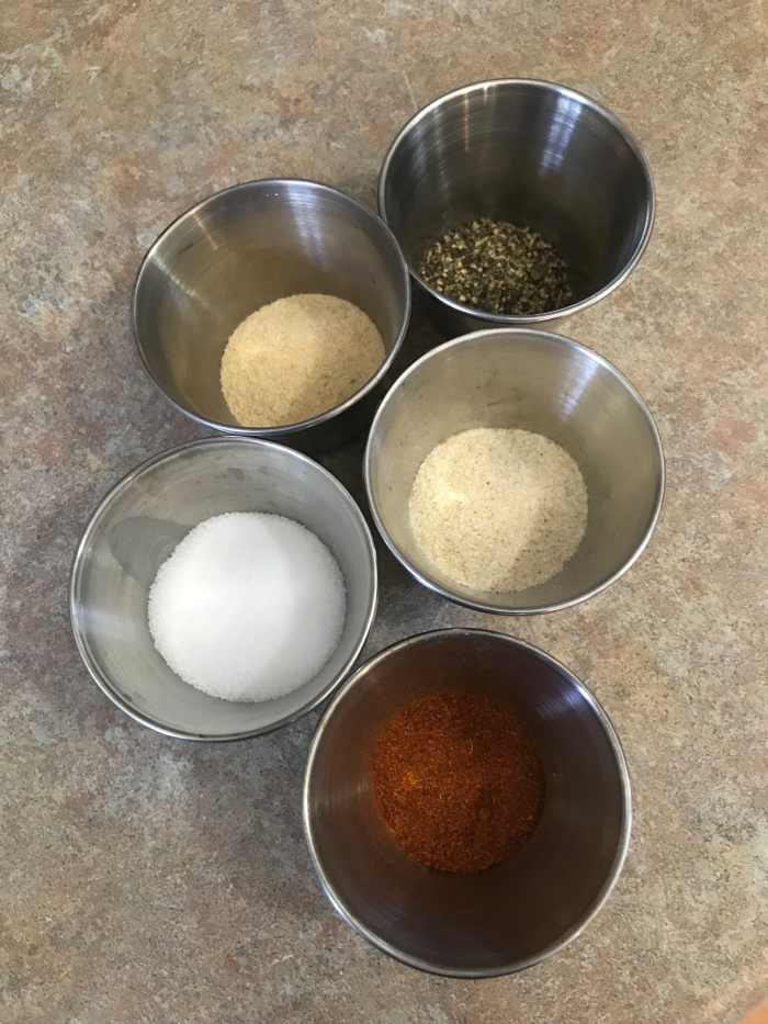 The seasonings for this recipe are simple, and all are pantry staples, making this an easy recipe to produce in no time. Salt, pepper onion powder, garlic powder and a hint of cayenne pepper are all you need.
