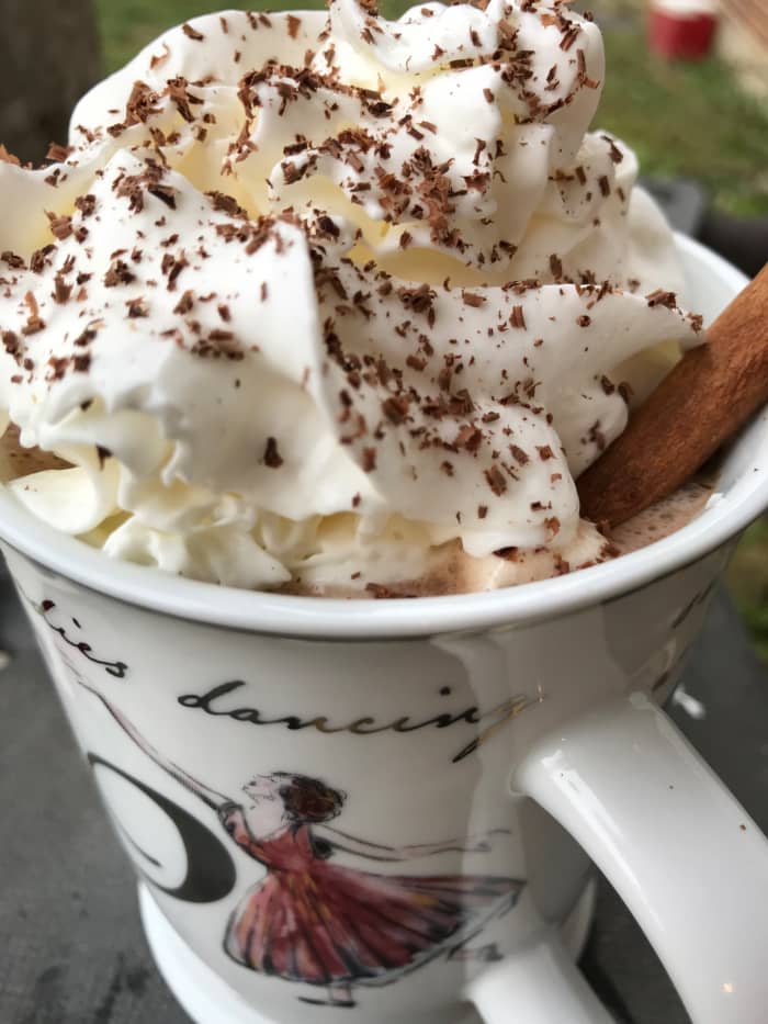 Ready to go - as I said, a hug in a cup. Hot chocolate laced with cinnamon, nutmeg, marshmallows and whipped cream. This alone will make you a culinary Bombshell.