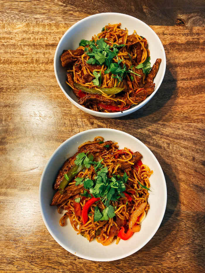 Delicious beef stir-fry with noodles is perfect for a family dinner. 