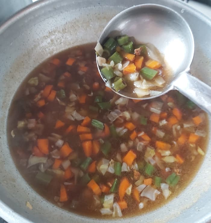 Add water if you feel your soup is too thick and more slurry if it is too thin (you can keep your soup thick or thin as per your preference). Adjust salt. Add more sauces, vinegar and sugar if required.