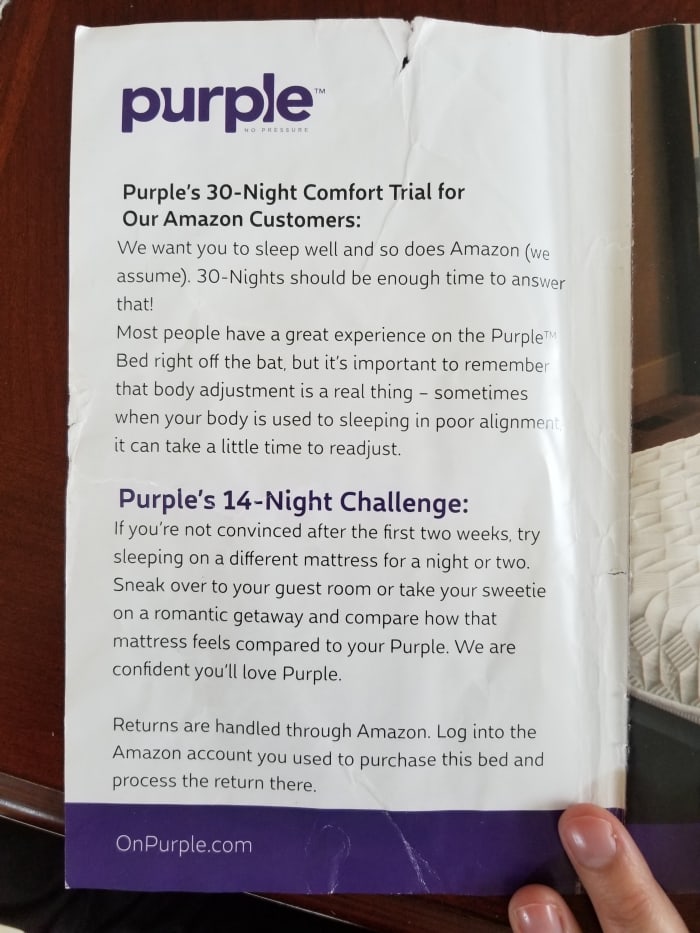The Purple mattress I ordered through Amazon came with this insert explaining the trial period and how it works through Amazon versus purple.