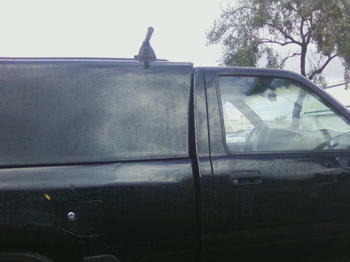 Here is the opposite of the above picture-a 1995 to 2004 Tacoma shell on a circa 1990 Toyota. Notice the slight angle to the front of the shell, and how much taller is than the cab.